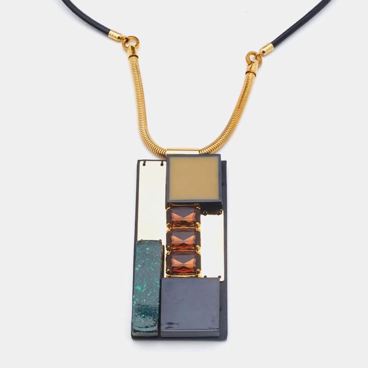 Pre Owned Marni Black Leather & Gold Tone Resin Statement Pendant Necklace