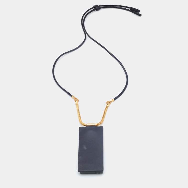 Pre Owned Marni Black Leather & Gold Tone Resin Statement Pendant Necklace
