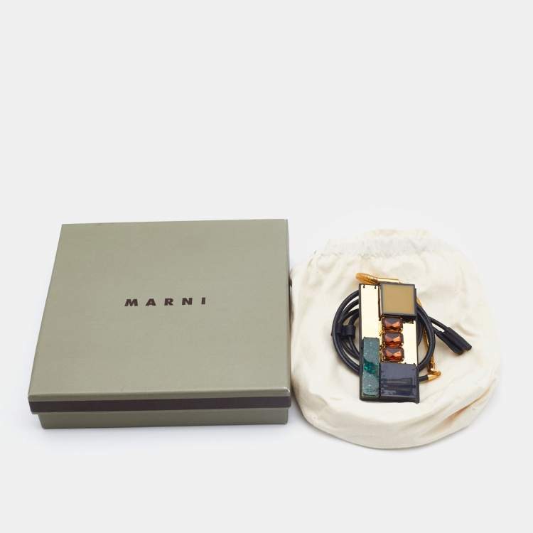 Pre Owned Marni Black Leather & Gold Tone Resin Statement Pendant Necklace