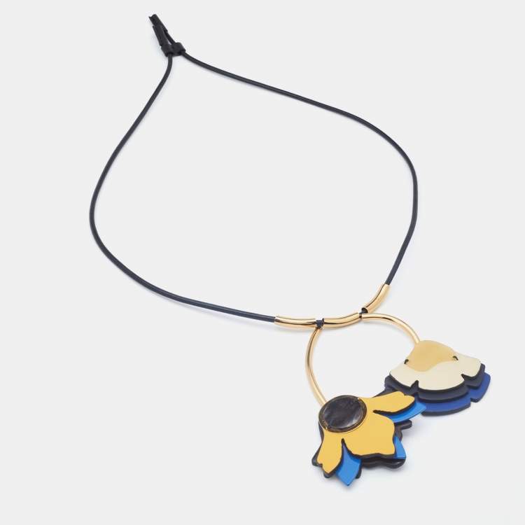 Pre Owned Marni Black Leather Floral Pendant Gold Tone Necklace