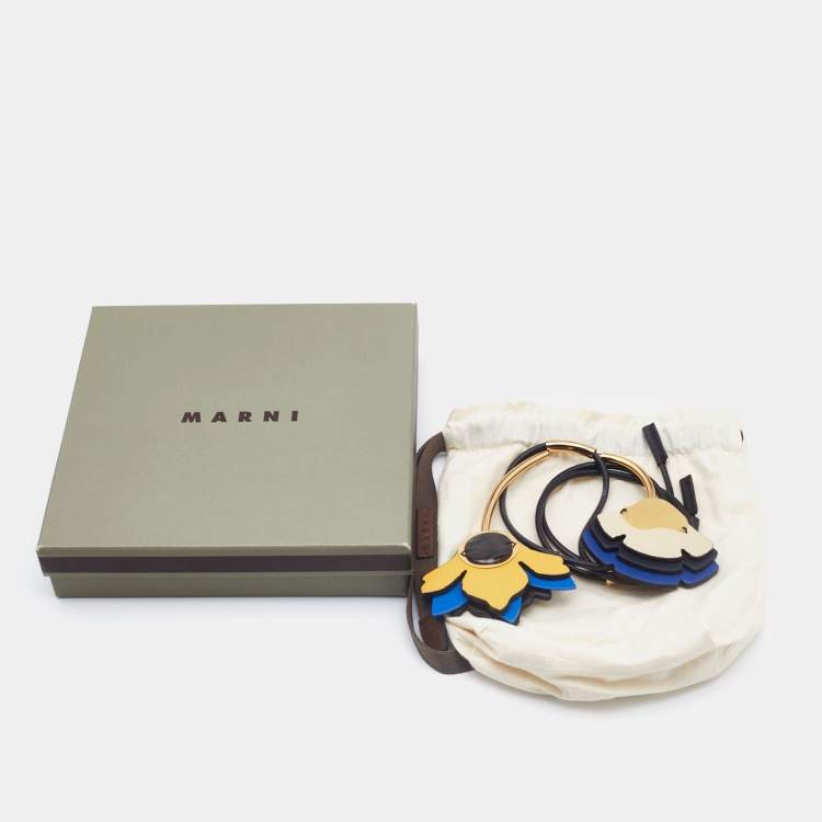 Pre Owned Marni Black Leather Floral Pendant Gold Tone Necklace
