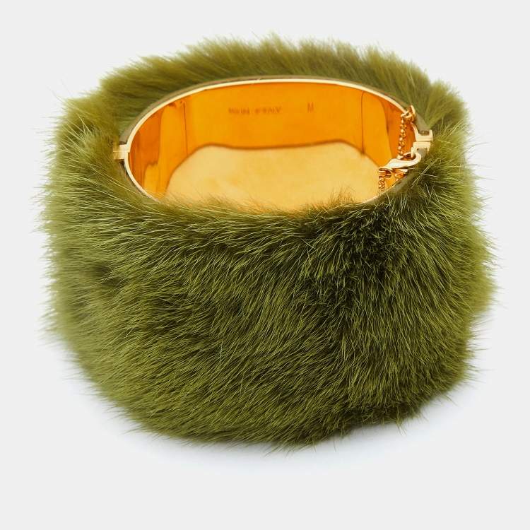 Pre Owned Marni Green Faux Fur Gold Tone Cuff Bracelet M