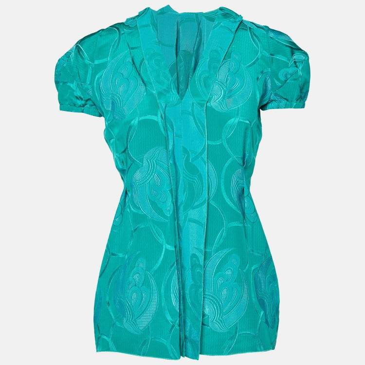Pre Owned Marni Green Jacquard Silk Blend V-Neck Top S