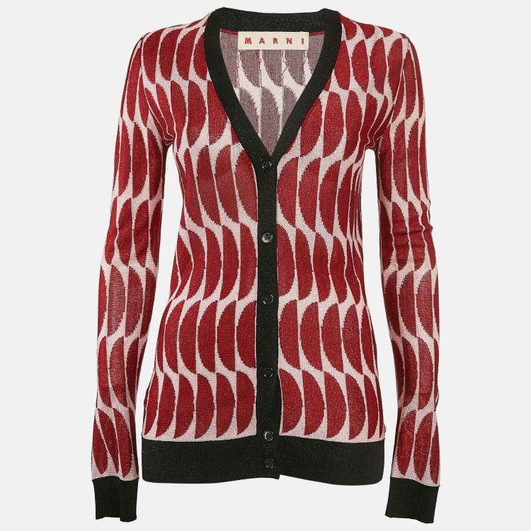 Pre Owned Marni Red Patterned Lurex Knit Button Front Cardigan S