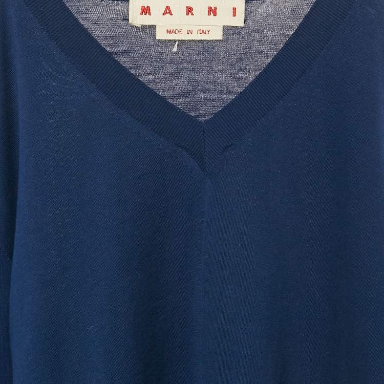 Pre Owned Marni Royal Blue Cotton Knit and Silk Pleated Asymmetric Top M