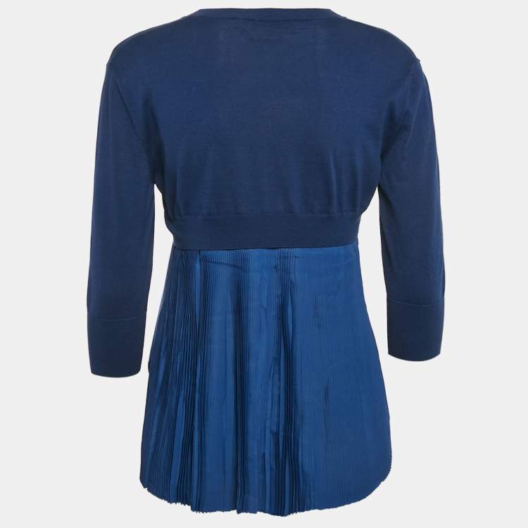 Pre Owned Marni Royal Blue Cotton Knit and Silk Pleated Asymmetric Top M