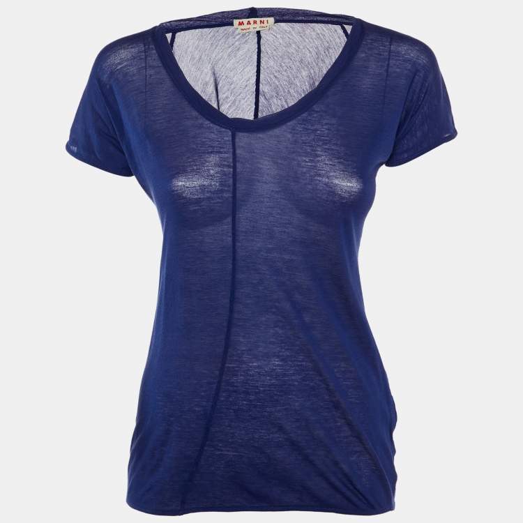 Pre Owned Marni Navy Blue Cotton Knit Deep Neck T-Shirt M