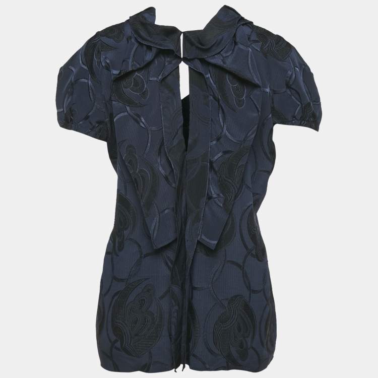 Pre Owned Marni Navy Blue Jacquard Silk Blend Blouse M