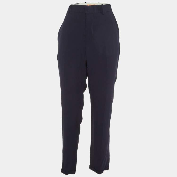 Pre Owned Marni Navy Blue Crepe Tapered Leg Trousers L