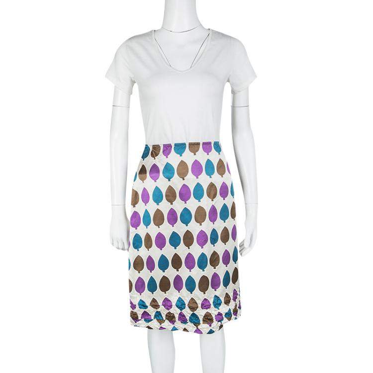 Pre Owned Marni Multicolor Leaf Print Ruched Hem Detail Satin Skirt S