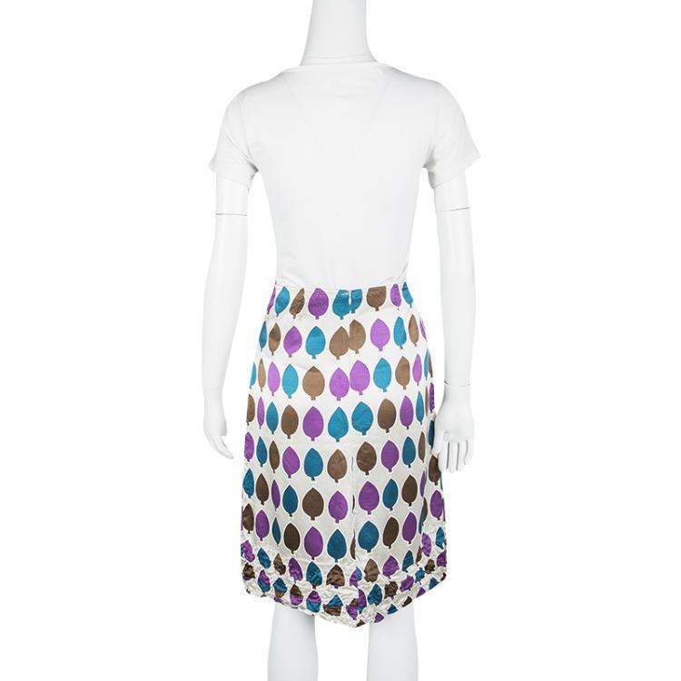 Pre Owned Marni Multicolor Leaf Print Ruched Hem Detail Satin Skirt S
