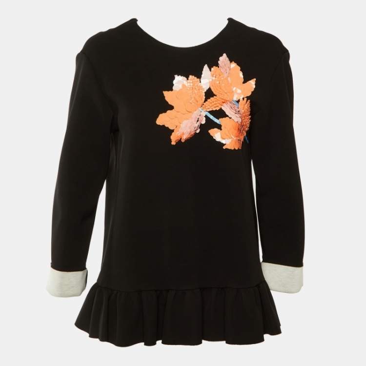 Pre Owned Marni Black Jersey Floral Sequin Detail Ruffled Blouse S