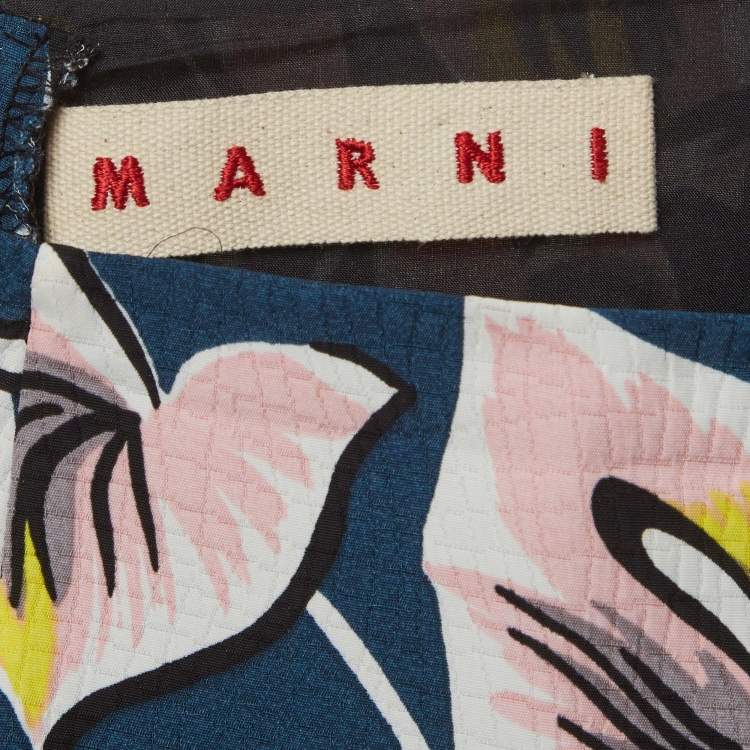 Pre Owned قميص مارني مكسي مزخرف بأزهار زرقاء كريب بكشكشة مقاس متوسط