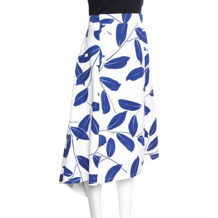Marni White and Blue Leaf Print Cotton and Linen Drill Wrap Skirt