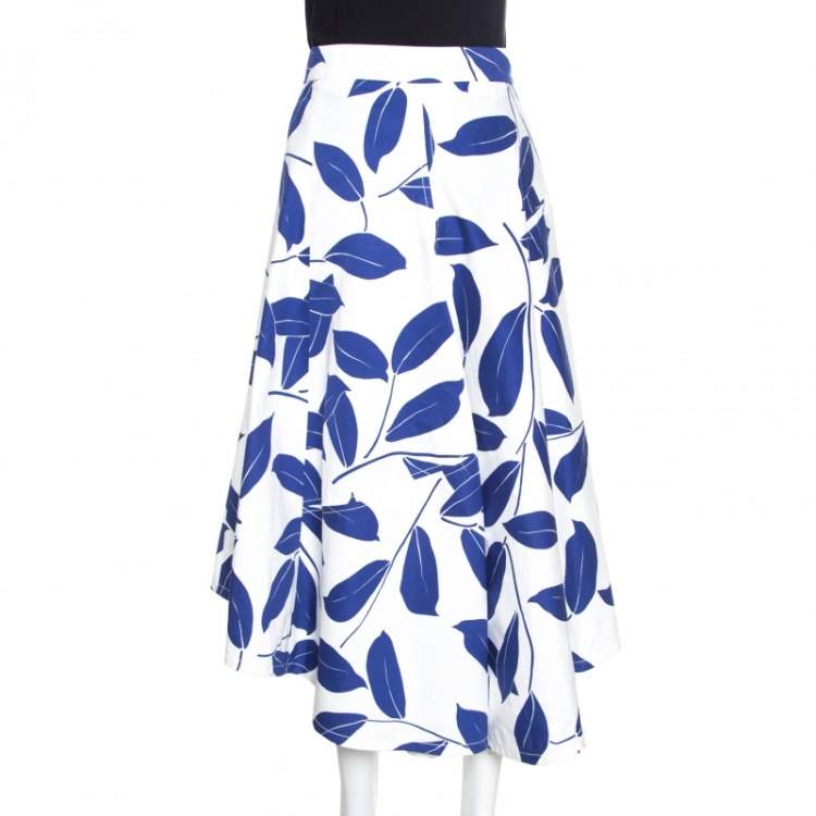 Pre Owned Marni White and Blue Leaf Print Cotton and Linen Drill Wrap Skirt M