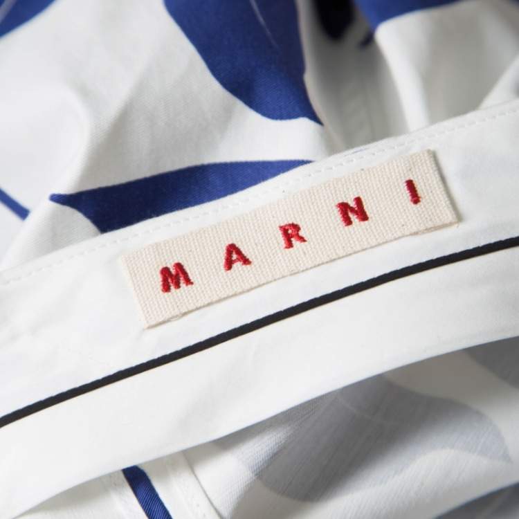 Pre Owned Marni White and Blue Leaf Print Cotton and Linen Drill Wrap Skirt M