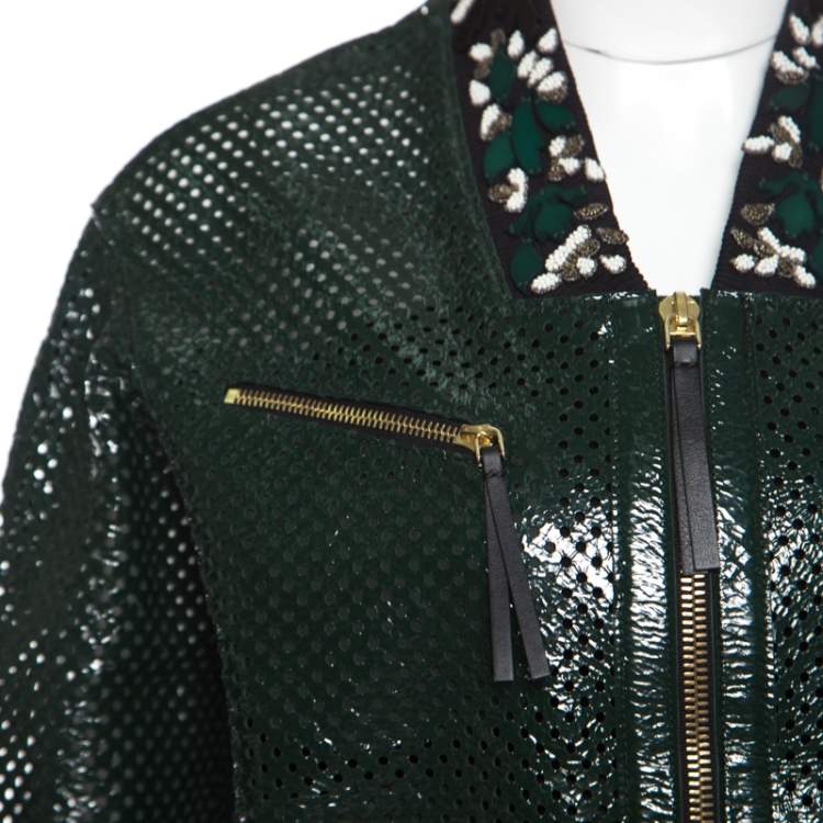 Pre Owned Marni Emerald Green Perforated Leather Floral Embellished Detail Bomber Jacket S