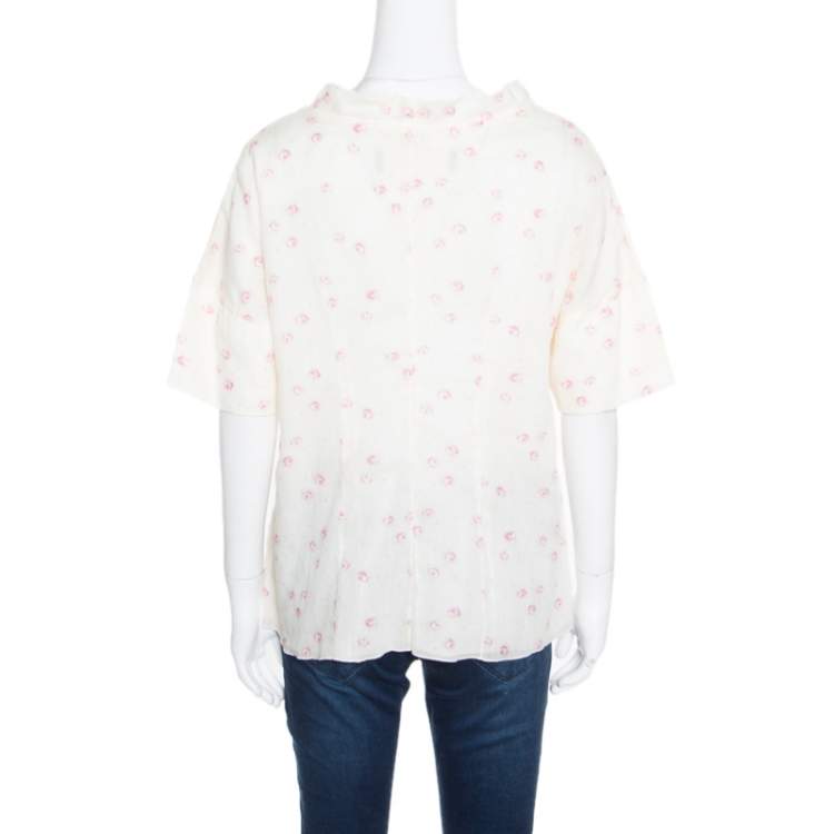 Pre Owned Marni Cream Floral Printed Cotton Dolman Sleeve Flared Top M