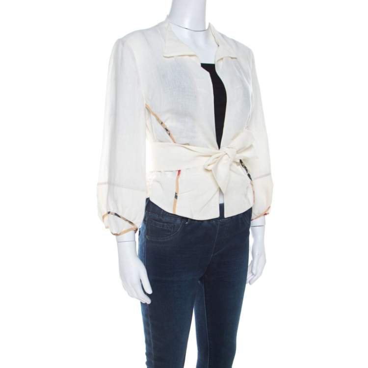 Pre Owned Marni Off White Linen Contrast Piping Detail Belted Jacket M