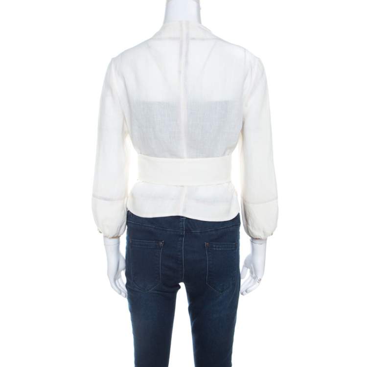 Pre Owned Marni Off White Linen Contrast Piping Detail Belted Jacket M