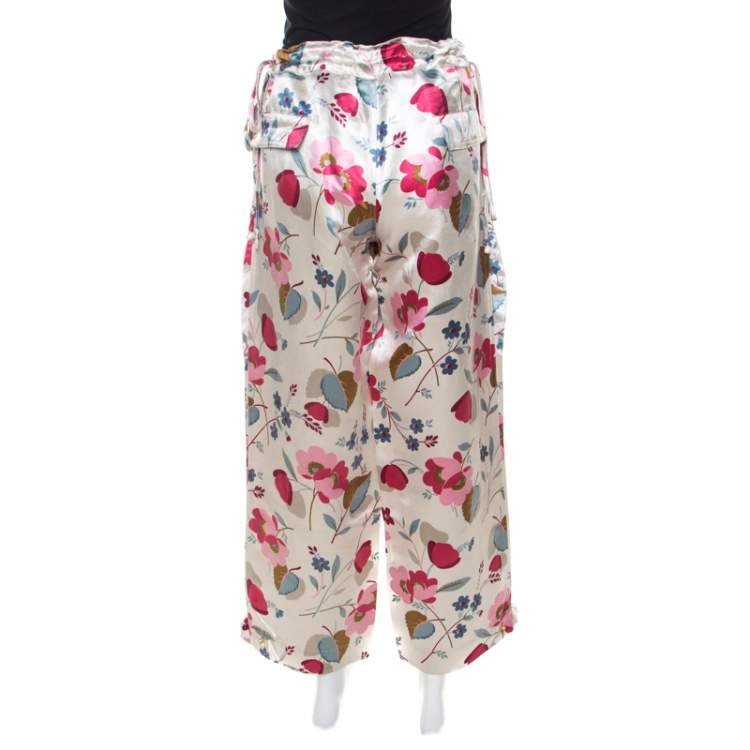 Pre Owned Marni Multicolor Floral Print Linen Silk Drawstring Waist Wide Leg Trousers S