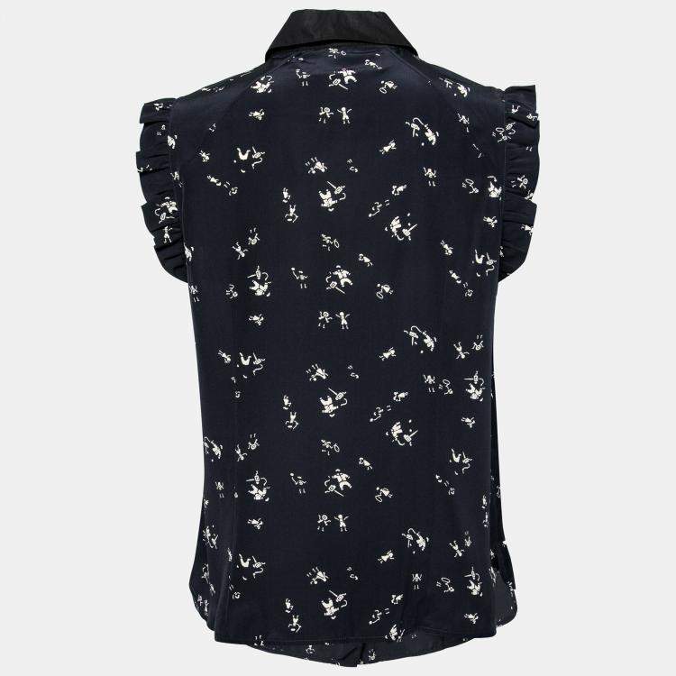 Pre Owned Marni Navy Blue Printed Silk Ruffled Detail Sleeveless Shirt M