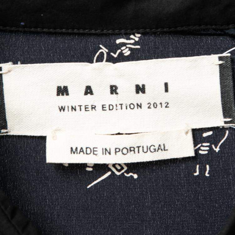 Pre Owned Marni Navy Blue Printed Silk Ruffled Detail Sleeveless Shirt M