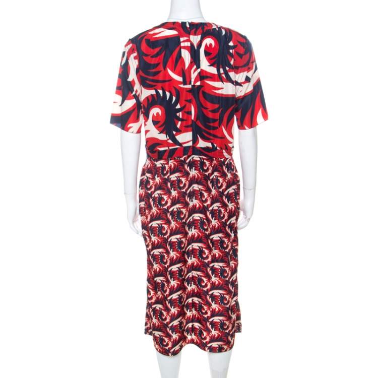 Pre Owned Marni Red & Blue Mixed Print Silk Blend Short Sleeve Dress M