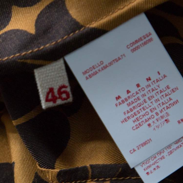 Pre Owned Marni Mustard Yellow and Black Printed Silk Short Sleeve Shift Dress L 