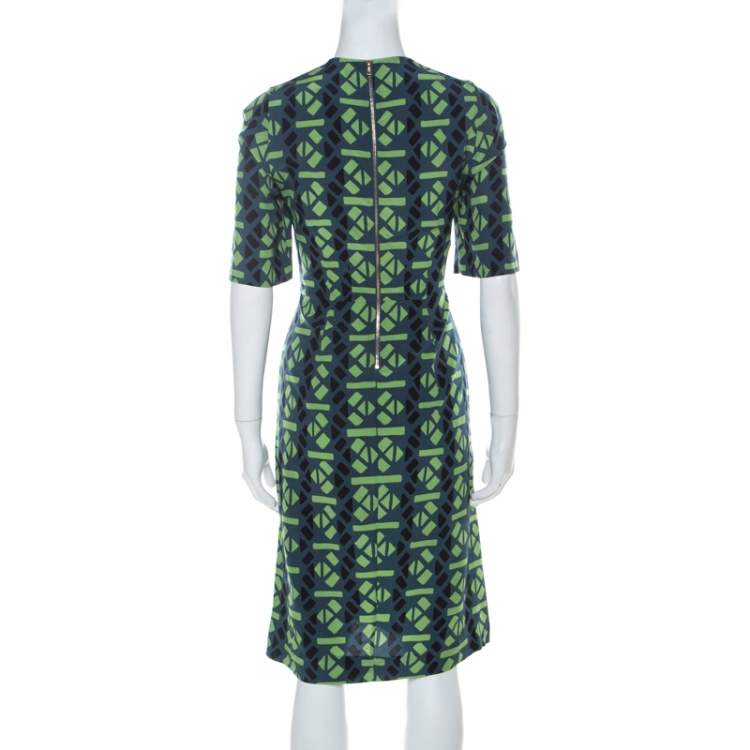 Pre Owned Marni Slate Blue and Green Abstract Geometric Printed Silk Shift Dress M 