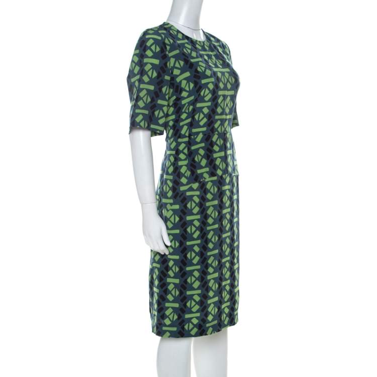 Pre Owned Marni Slate Blue and Green Abstract Geometric Printed Silk Shift Dress M 