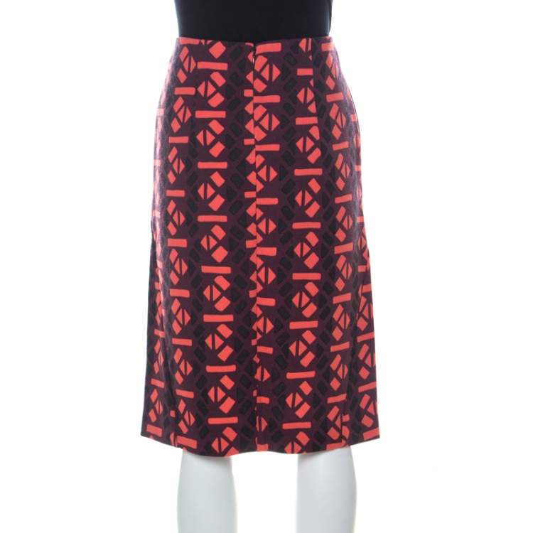 Pre Owned Marni Red Geometric Print Wool Pencil Midi Skirt M