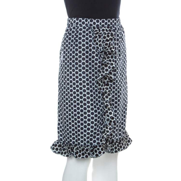 Pre Owned Marni Blue and White Polka Dot Printed Coated Silk Ruffle Detail Skirt S 