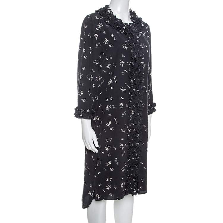 مملوكة مسبقًا Marni Navy Blue Printed Silk Ruffled Detail Shift Dress M