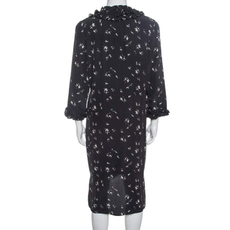 مملوكة مسبقًا Marni Navy Blue Printed Silk Ruffled Detail Shift Dress M