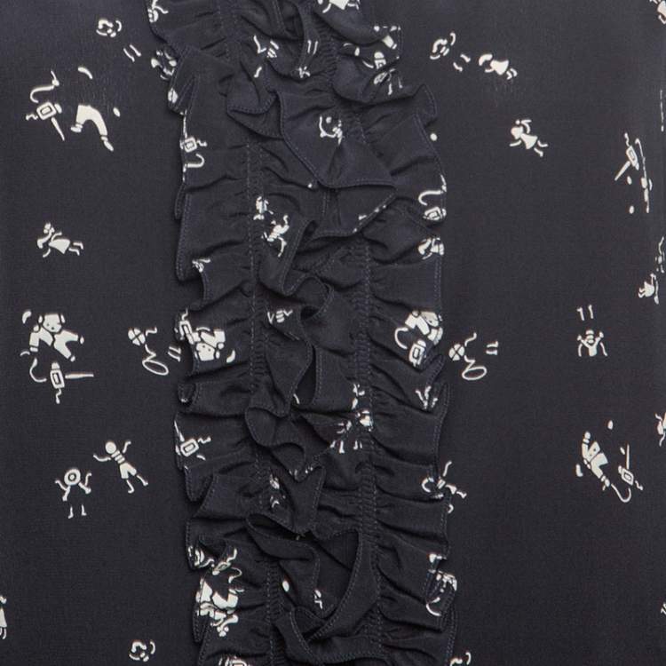 مملوكة مسبقًا Marni Navy Blue Printed Silk Ruffled Detail Shift Dress M