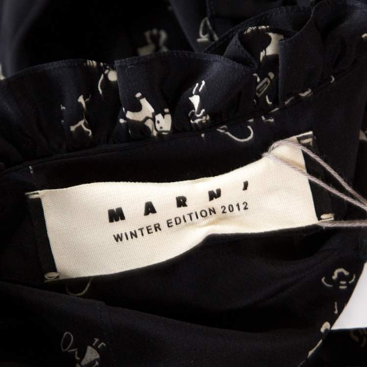 مملوكة مسبقًا Marni Navy Blue Printed Silk Ruffled Detail Shift Dress M