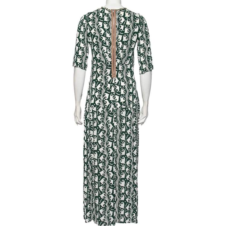 Pre Owned Marni Green Printed Crepe Pleated Front Detailed Maxi Dress S