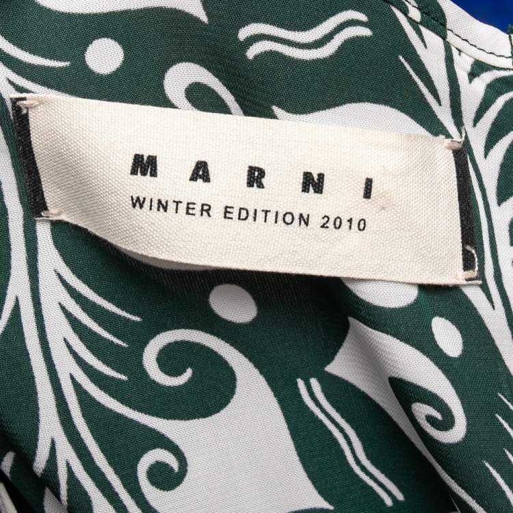 Pre Owned Marni Green Printed Crepe Pleated Front Detailed Maxi Dress S