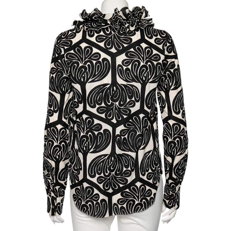 Pre Owned Marni Black Printed Cotton Ruffled Trim Detail Button Front Shirt S