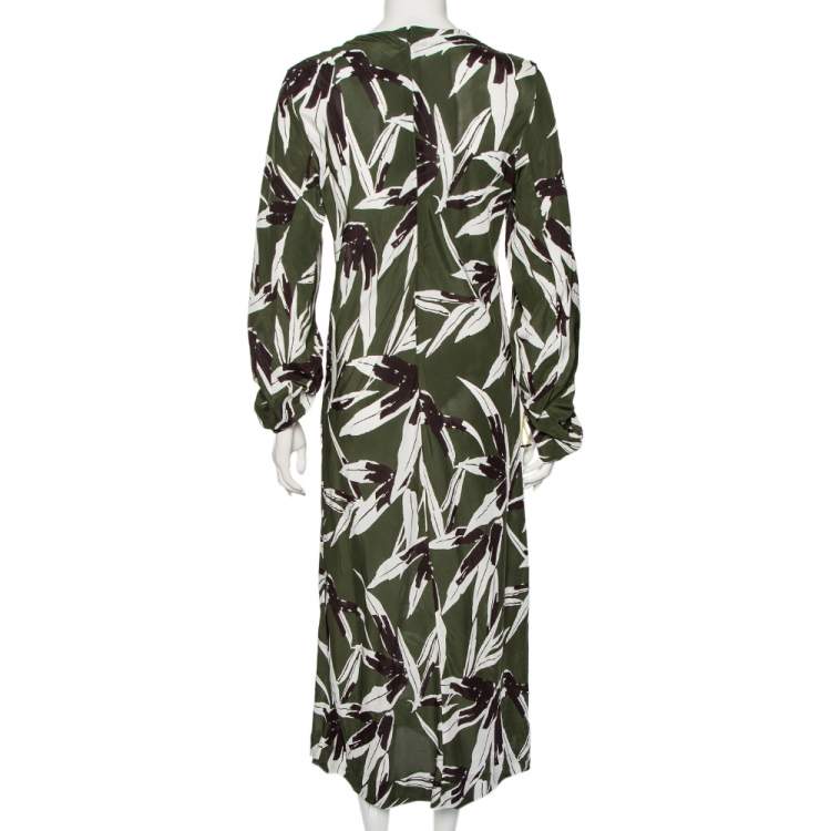 Pre Owned Marni Green Leaf Print Crepe Ruched Midi Dress M