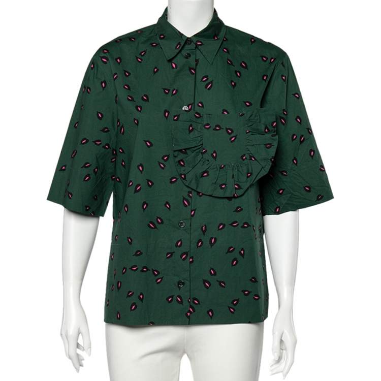 Pre Owned Marni Green Printed Ruffled Trim Pocket Detailed Button Front Shirt S 
