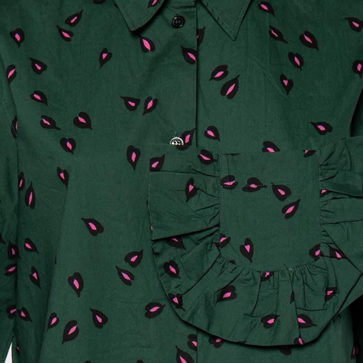 Pre Owned Marni Green Printed Ruffled Trim Pocket Detailed Button Front Shirt S 