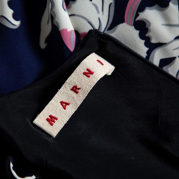 Pre Owned Marni Navy Blue Floral Printed Silk Georgette Asymmetric Dress M