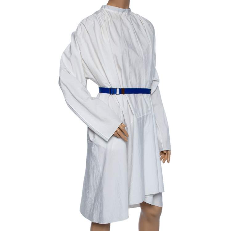 Pre Owned Marni Off-White Striped Cotton Neck Tie Detailed Oversized Belted Dress S