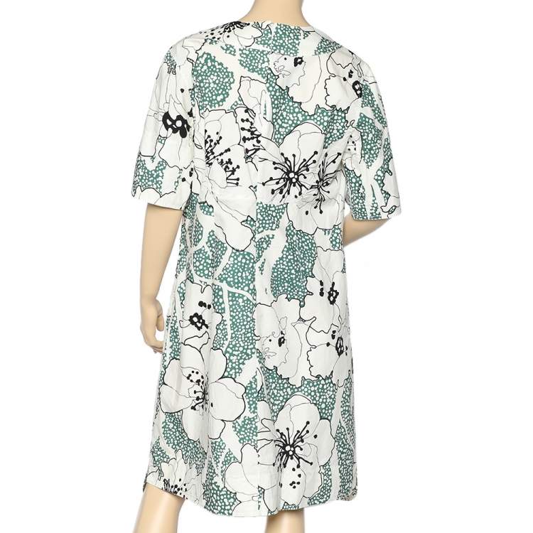 Pre Owned Marni White Floral Printed Cotton V-Neck Midi Dress L