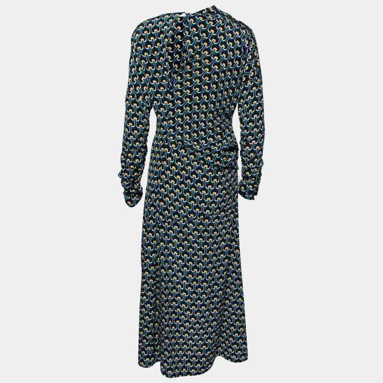 Pre Owned Marni Green Printed Silk Gathered Detail Draped Dress M