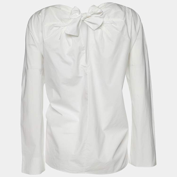 Pre Owned Marni White Cotton Tie Detail Round Neck Long Sleeve Blouse L