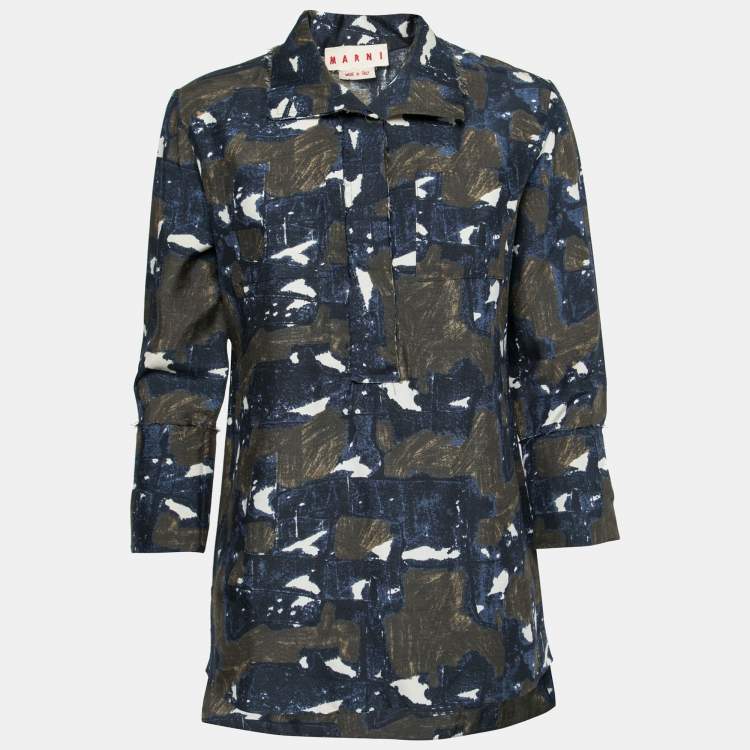 Pre Owned Marni Navy Blue & Green Printed Silk Tunic S