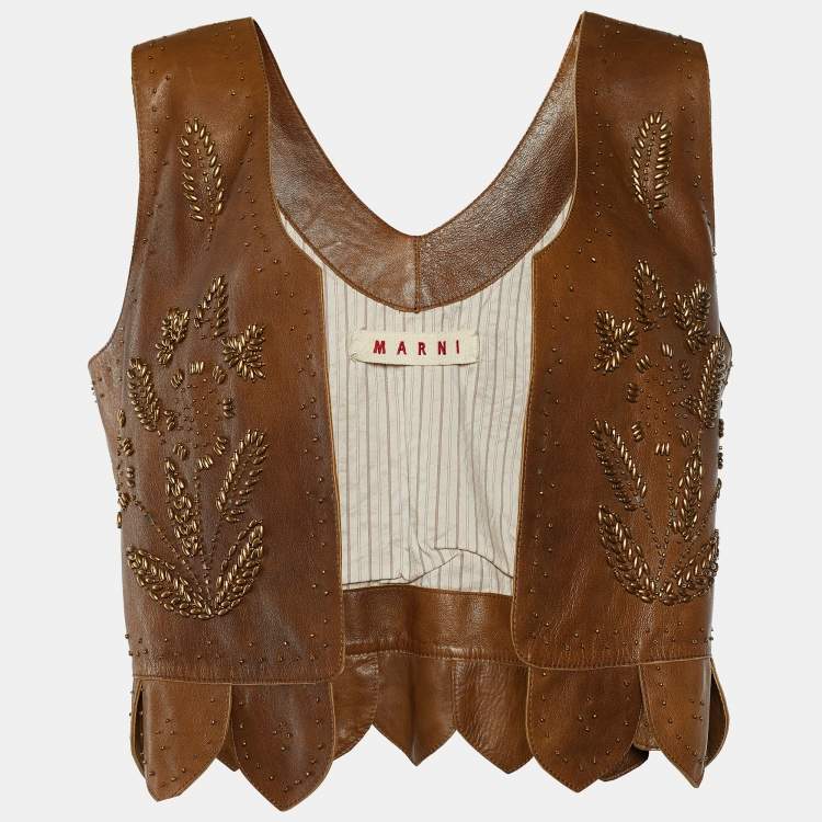 مملوكة مسبقًا Marni Brown Leather Beads Embellished Crop Vest M